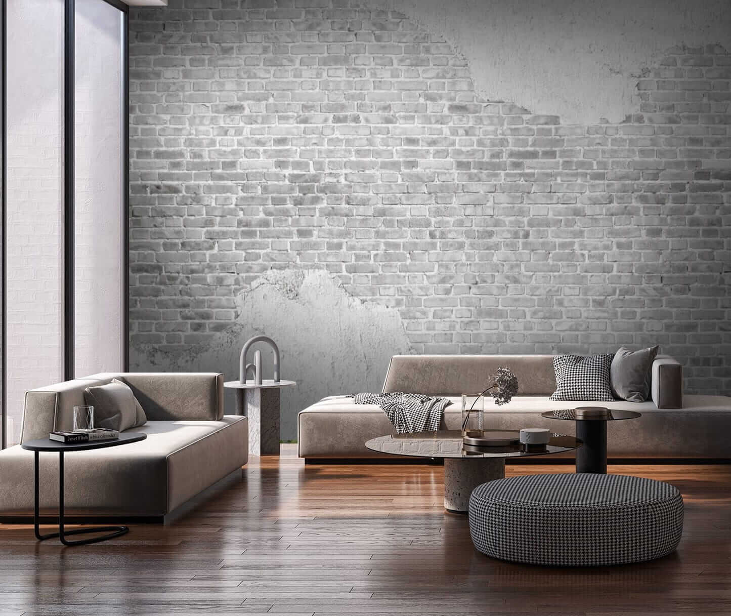 White brick wall with a white stain