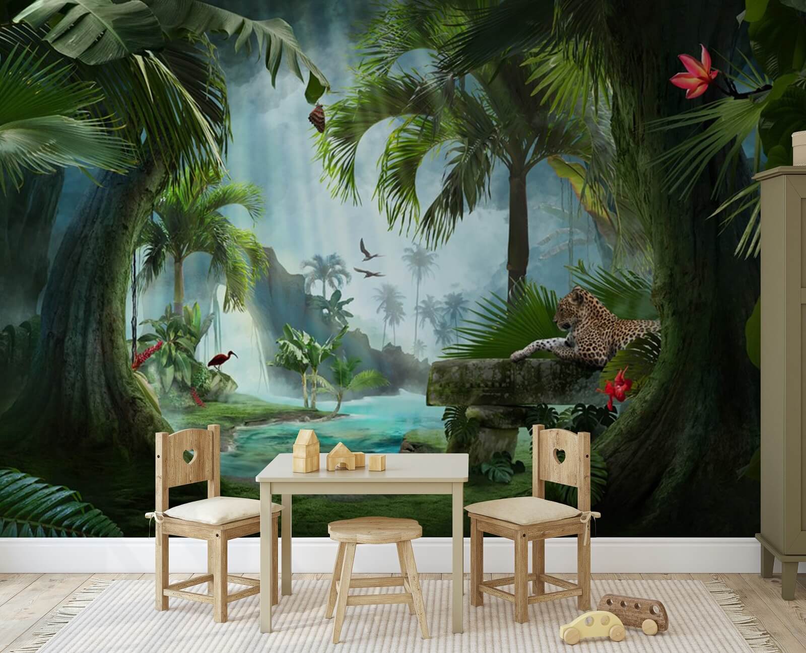 Leopard lying on a bench in a jungle