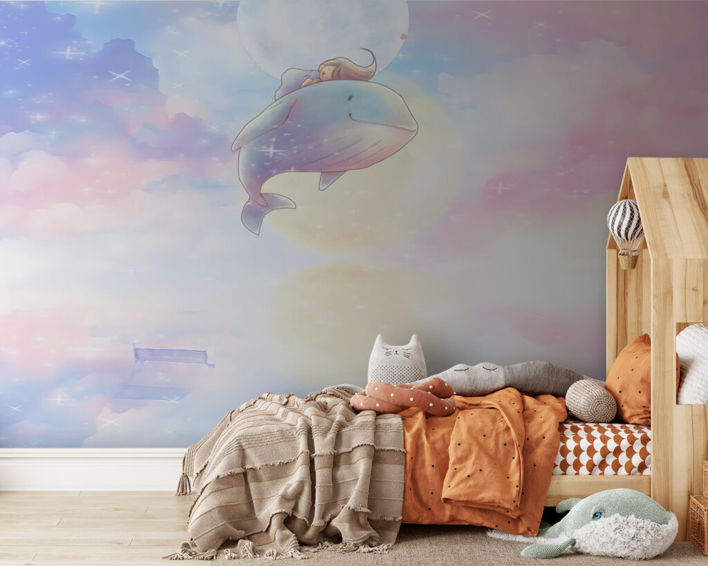 Cartoon of a girl riding a whale