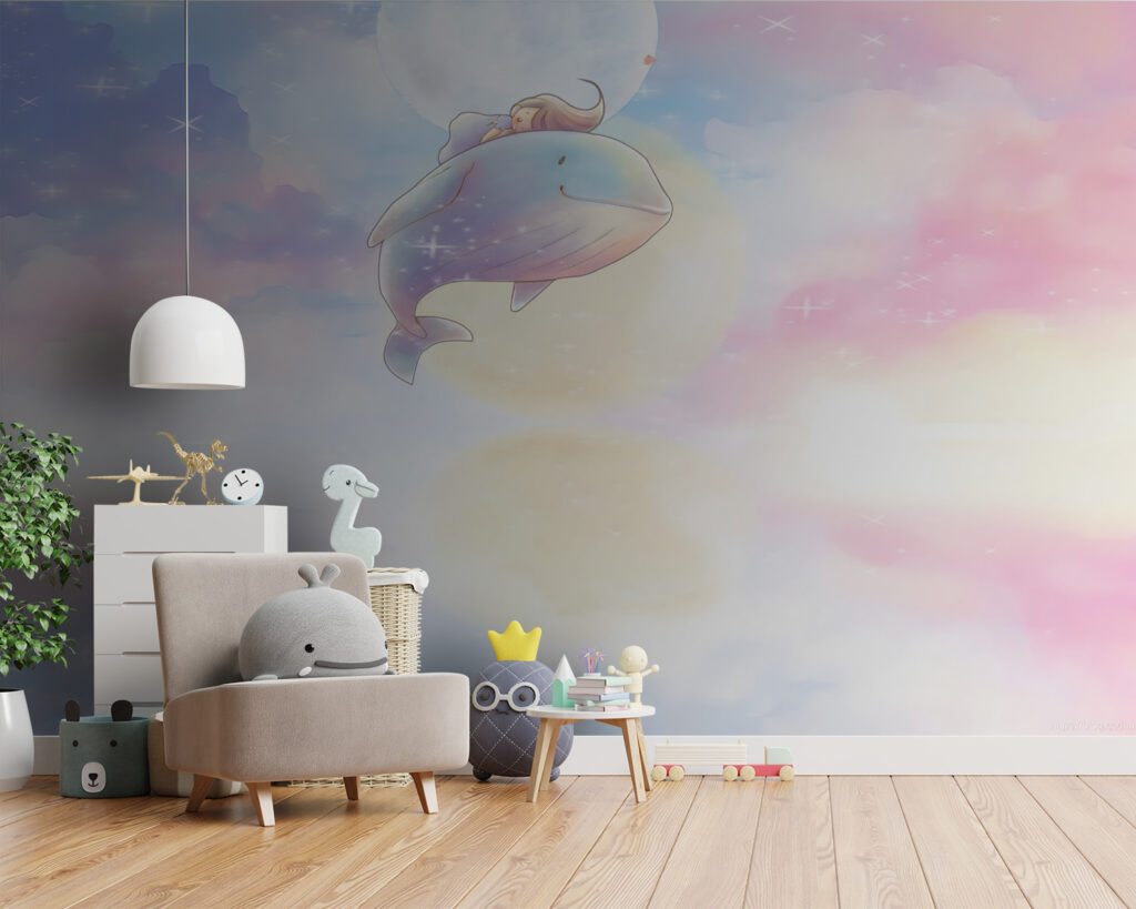 Cartoon of a girl riding a whale