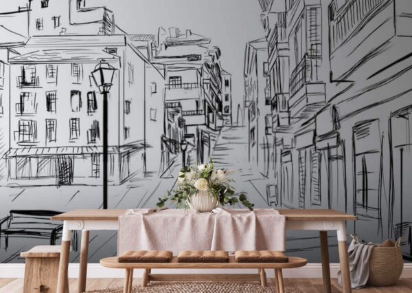 Drawing of a street with buildings Drawing of a street with buildings