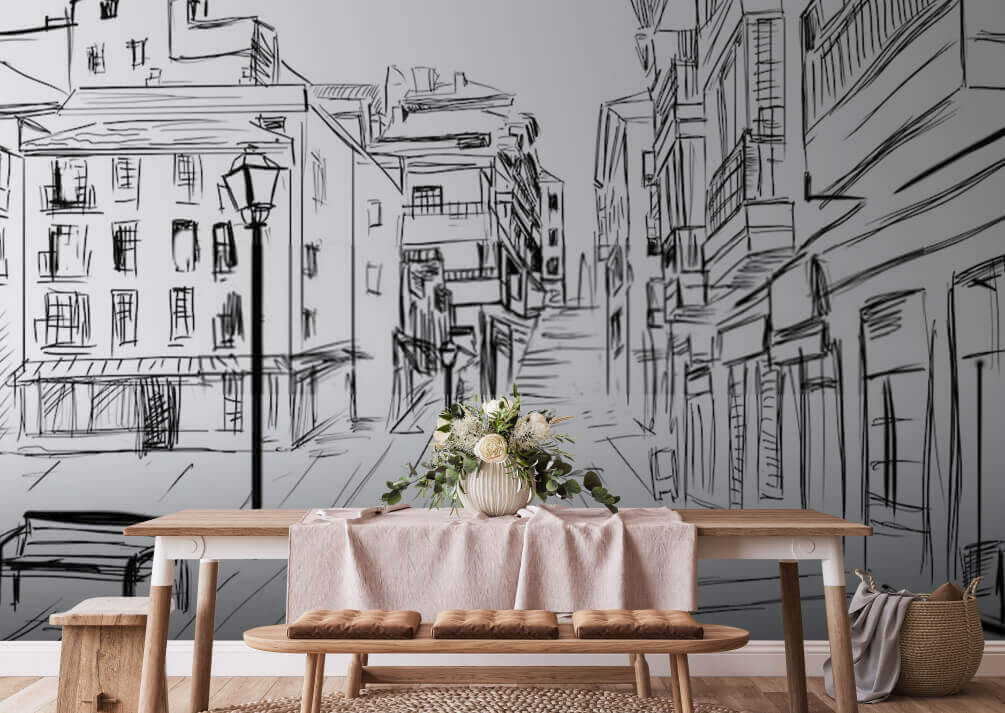 Drawing of a street with buildings