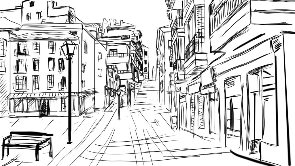 Drawing of a street with buildings