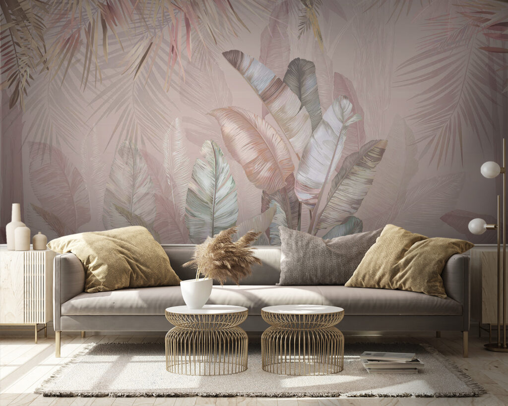 Tropical leaves in soft pastel hues