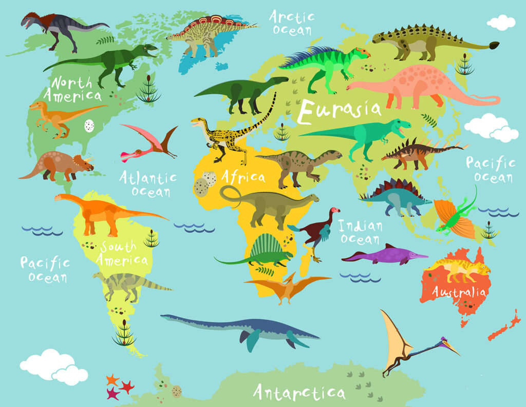 Mapa dinosaurů s bílým textem Mapa dinosaurů s bílým textem