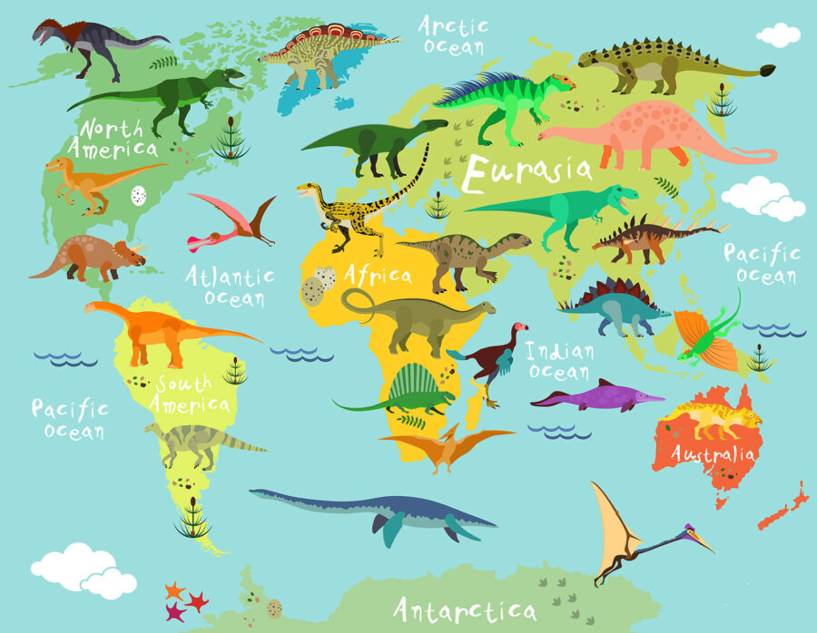Mapa dinosaurů s bílým textem Mapa dinosaurů s bílým textem