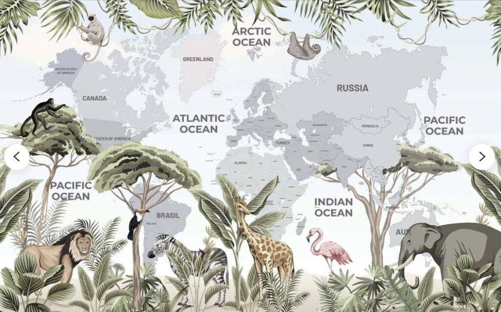 Mapa světa se zvířaty a ptáky Mapa světa se zvířaty a ptáky