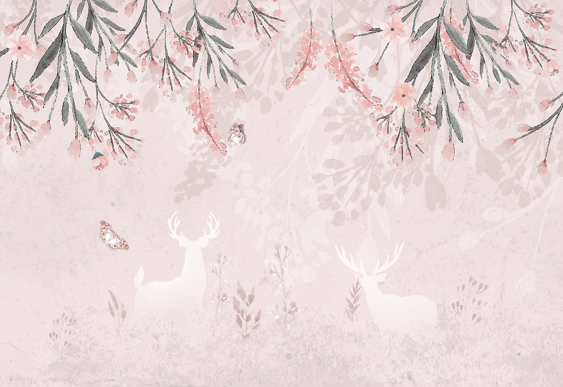 White deer and butterflies and flowers