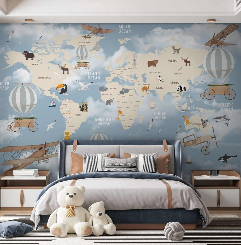 Map of the world with different animals and birds