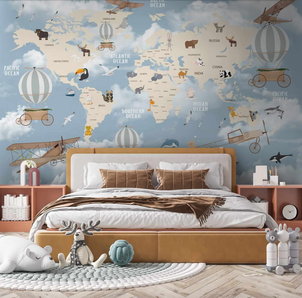 Map of the world with different animals and birds