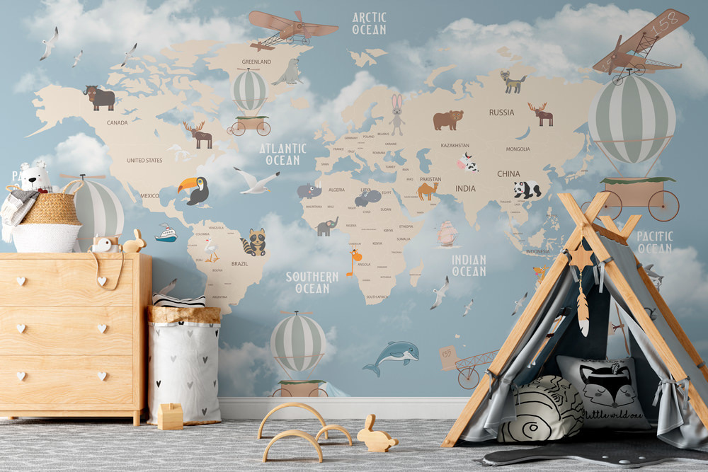 Map of the world with different animals and birds