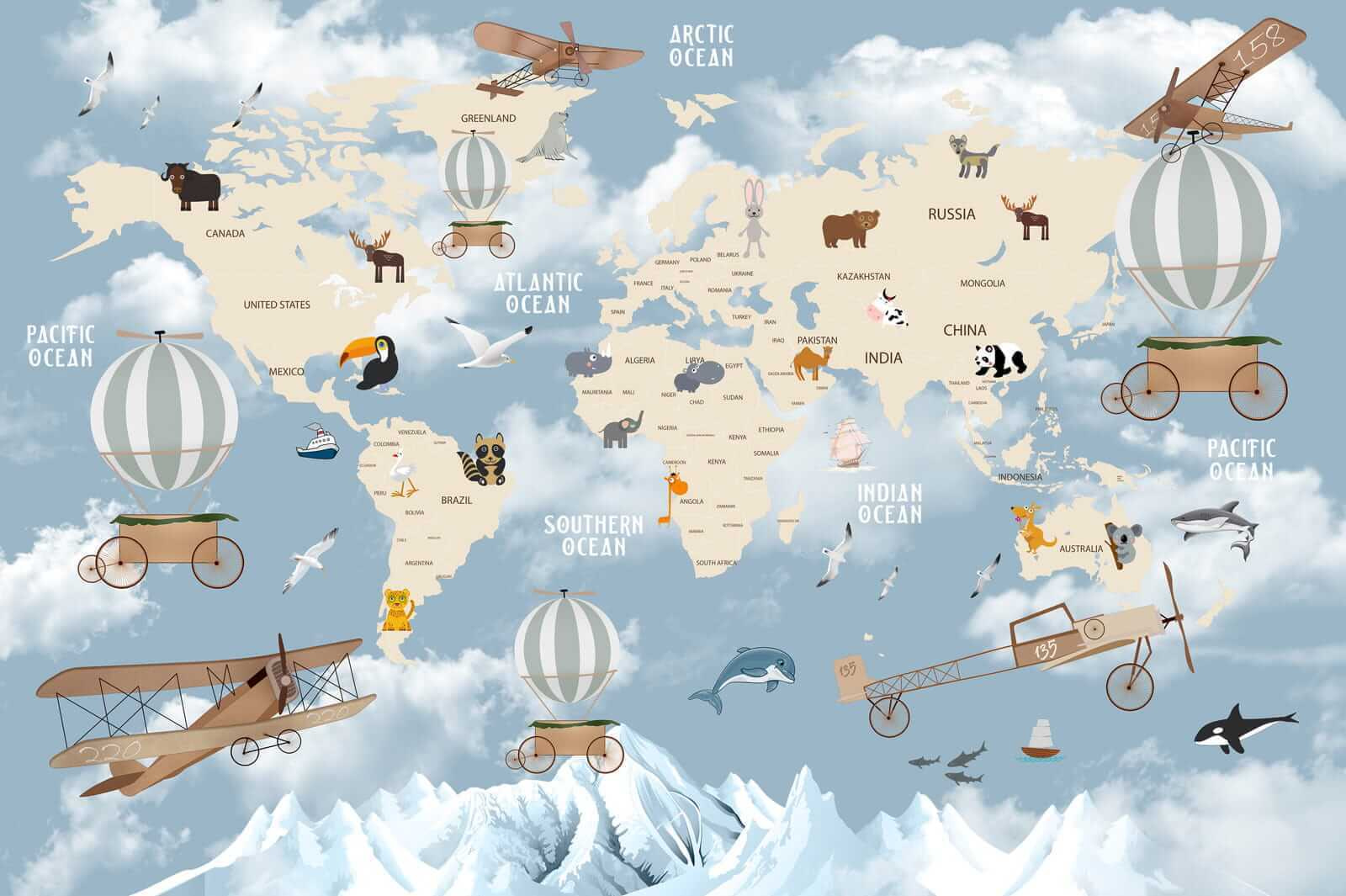Map of the world with different animals and birds
