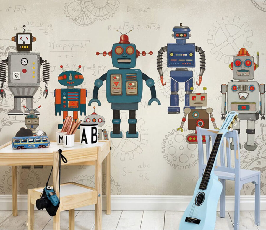 Skupina robotů s matematickými rovnicemi