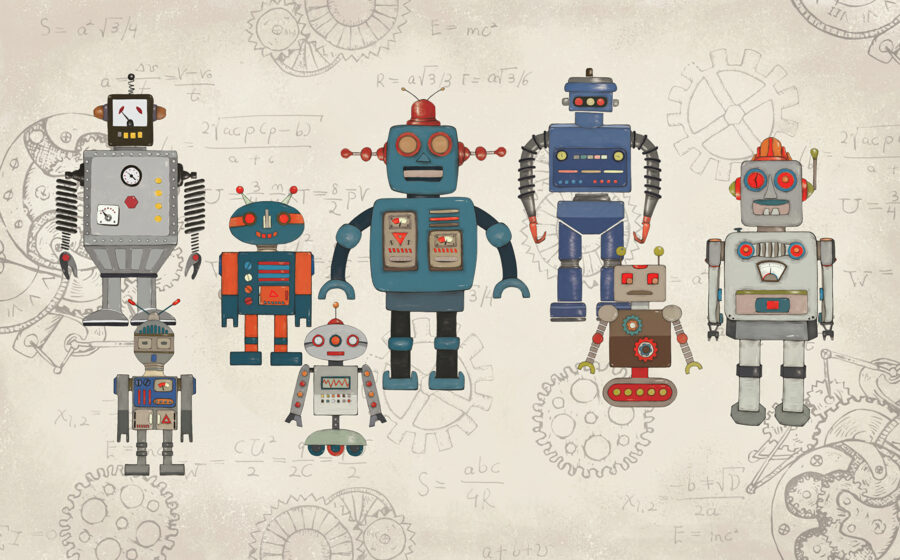 Skupina robotů s matematickými rovnicemi