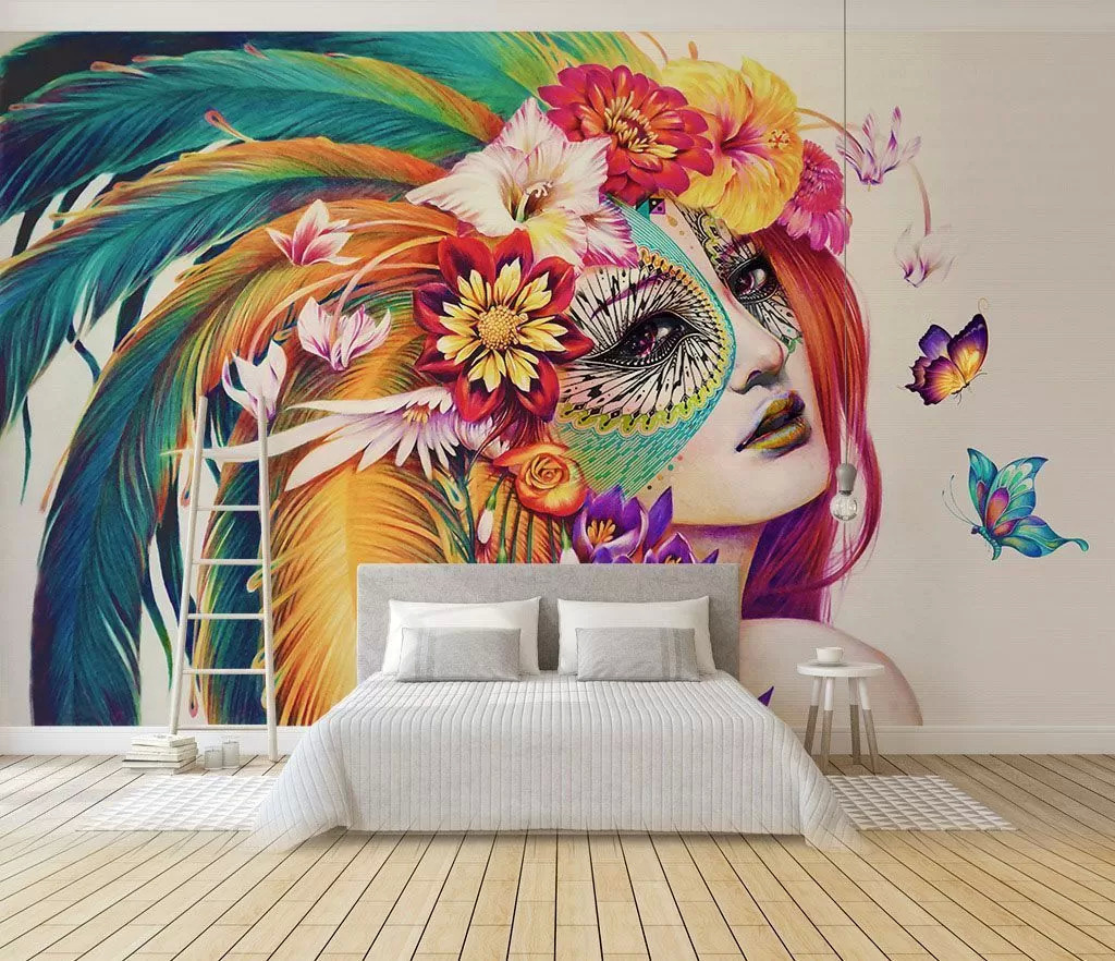 Woman with colorful feathers and flowers Woman with colorful feathers and flowers