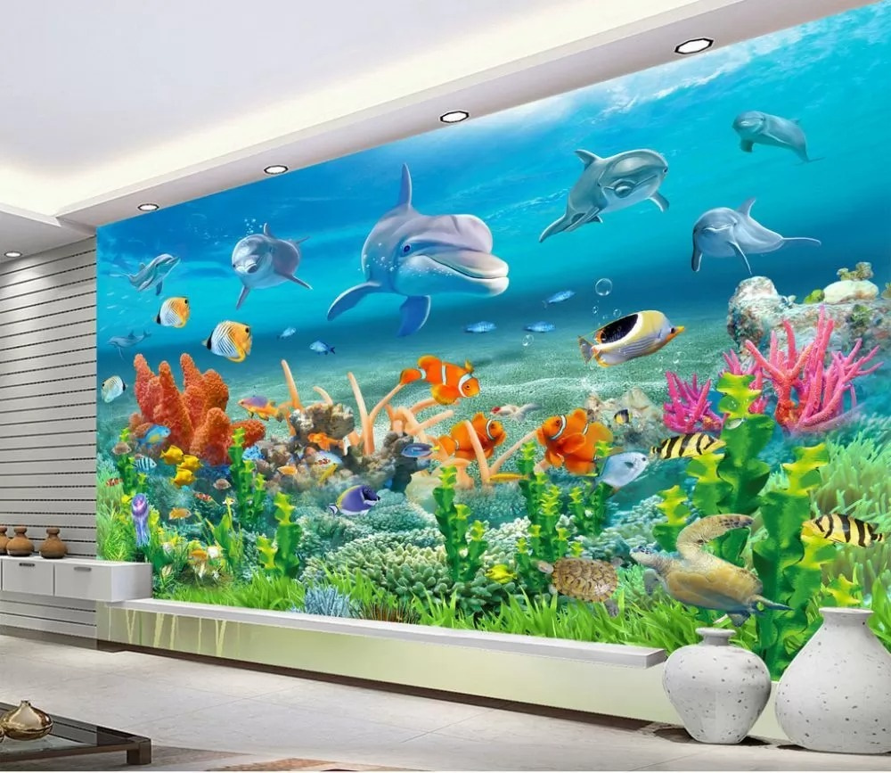 Group of fish and dolphins swimming in the ocean Group of fish and dolphins swimming in the ocean