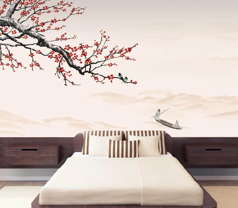 Tree branch with red flowers and a man on a boat Tree branch with red flowers and a man on a boat