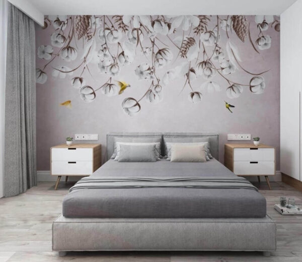 Bird flying over cotton flowers
