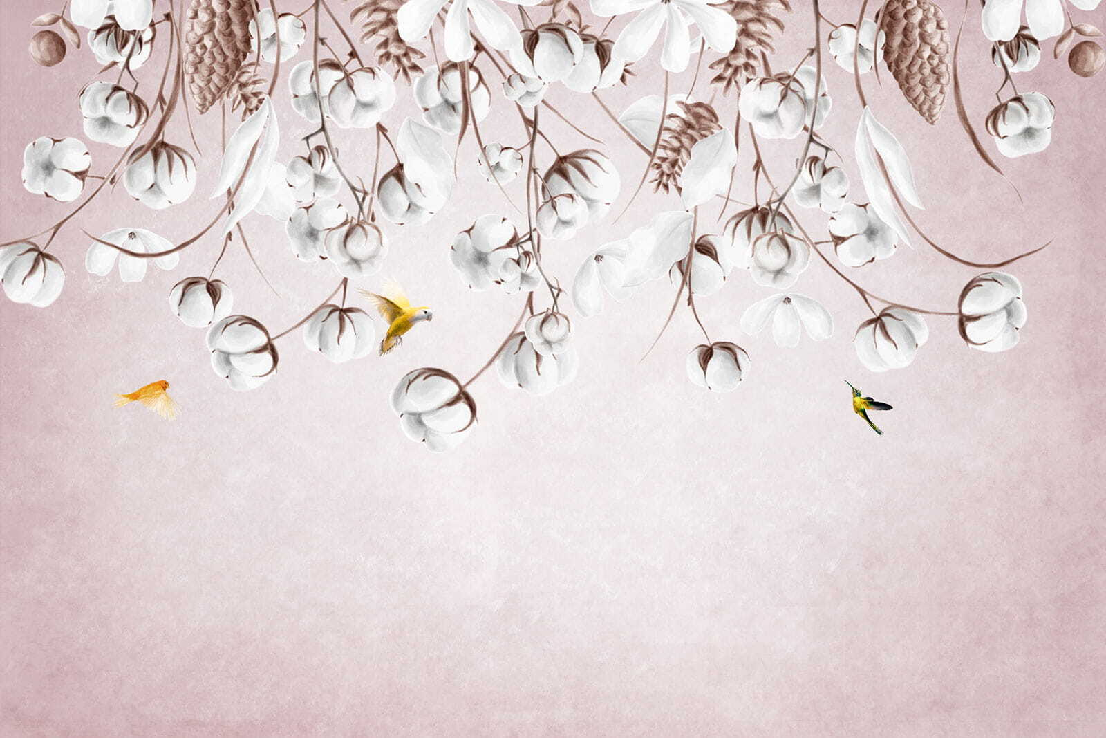 Bird flying over cotton flowers