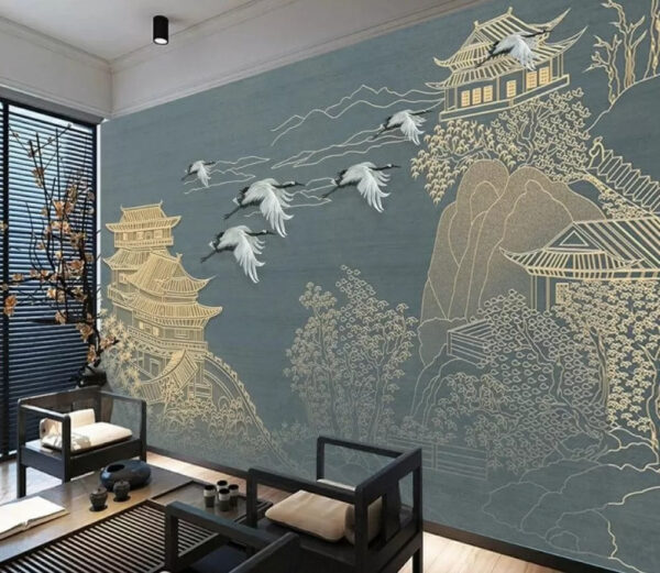 Painting of a landscape with cranes flying over a building Painting of a landscape with cranes flying over a building