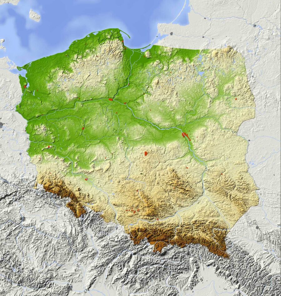 Mapa Polska s pozemky a vodními plochami Mapa Polska s pozemky a vodními plochami