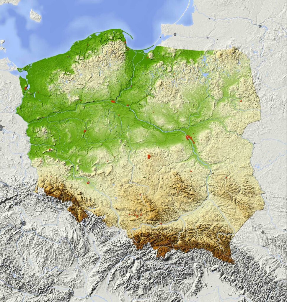 Mapa Polska s pozemky a vodními plochami Mapa Polska s pozemky a vodními plochami