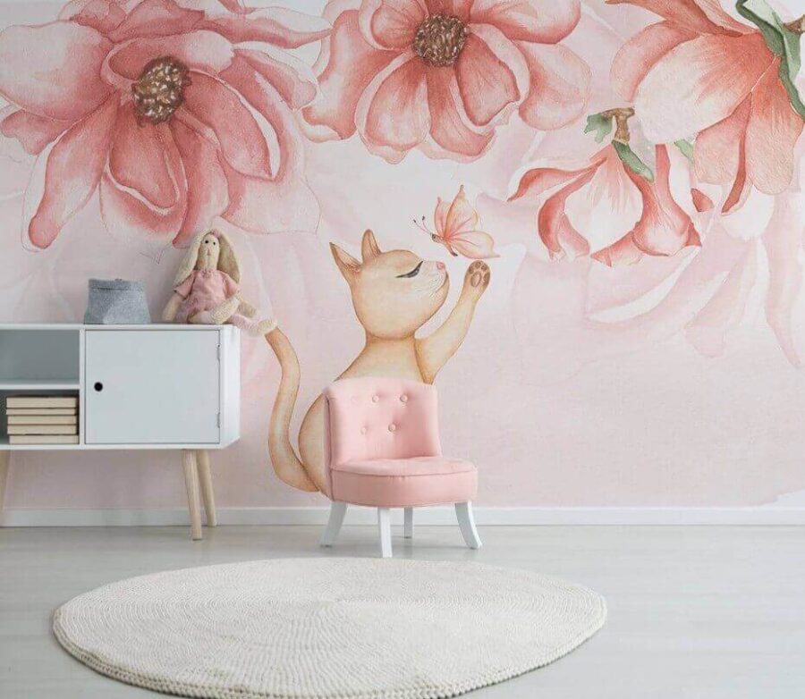 Wall murals Cat with a butterfly on its paw