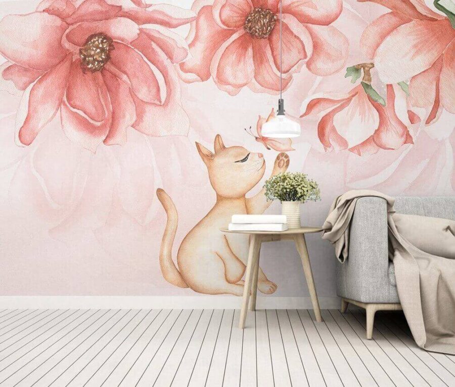 Wall murals Cat with a butterfly on its paw