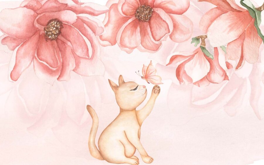 Wall murals Cat with a butterfly on its paw