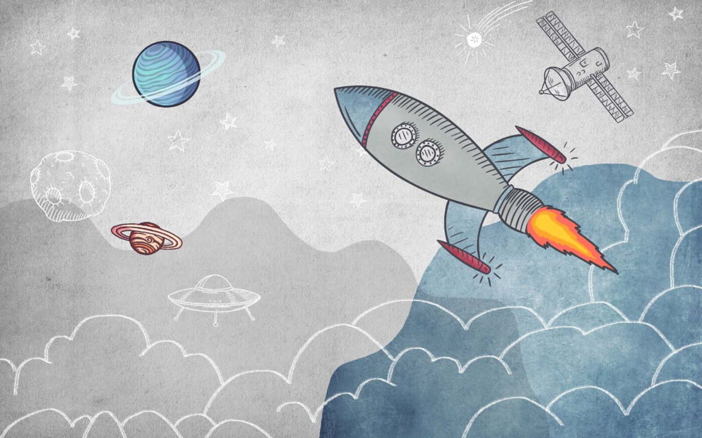 Rocket flying through the clouds