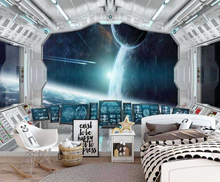 Room with screens and a view of earth from the window Room with screens and a view of earth from the window