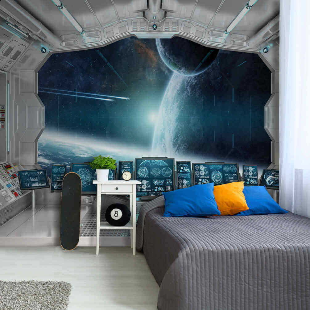 Room with screens and a view of earth from the window Room with screens and a view of earth from the window