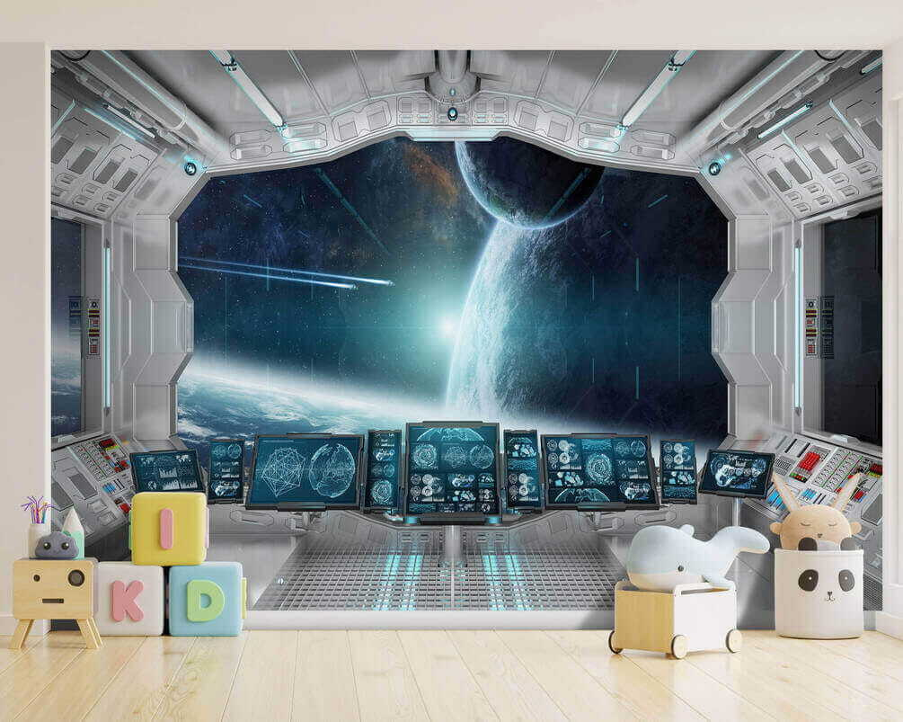 Room with screens and a view of earth from the window Room with screens and a view of earth from the window