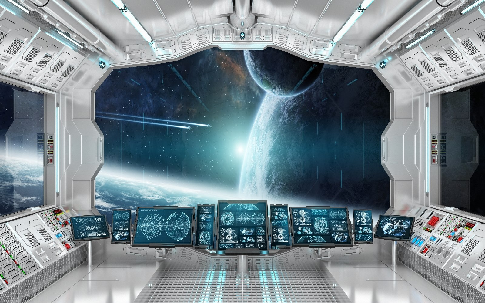 Room with screens and a view of earth from the window Room with screens and a view of earth from the window