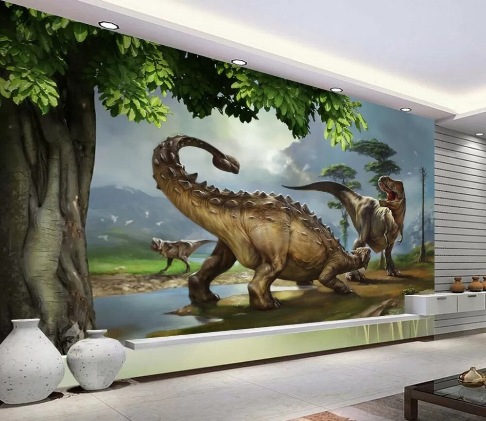 Painting of dinosaurs near a river