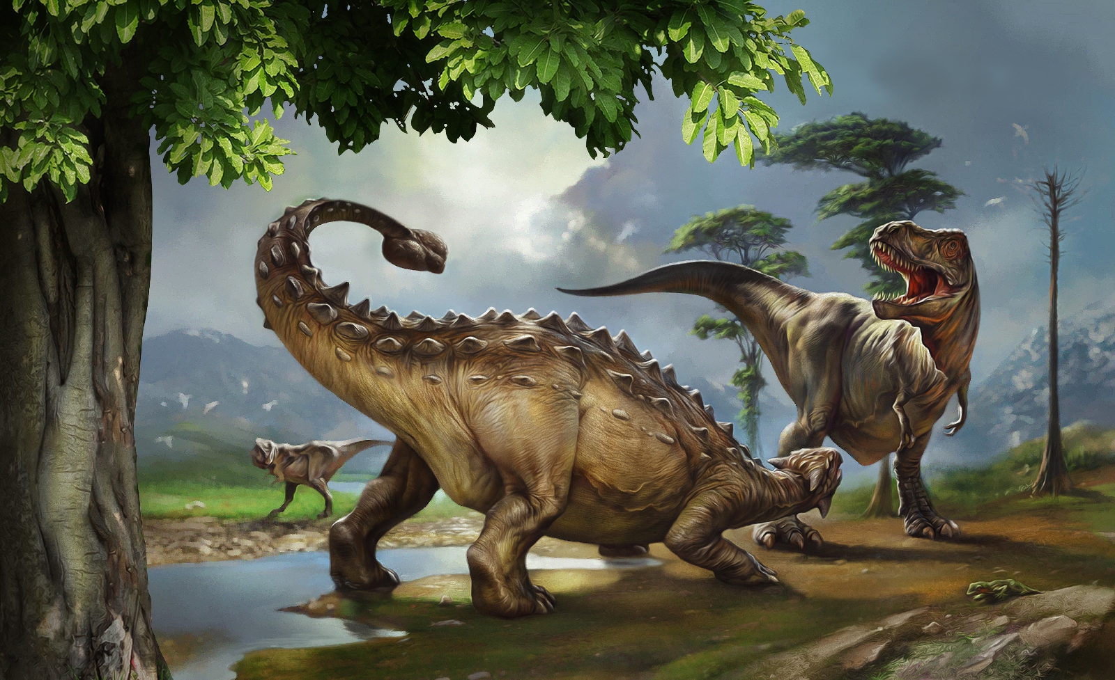 Painting of dinosaurs near a river