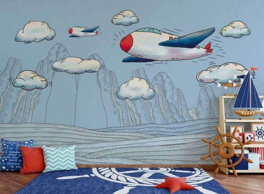 Karikatura letadel letících nad horami
