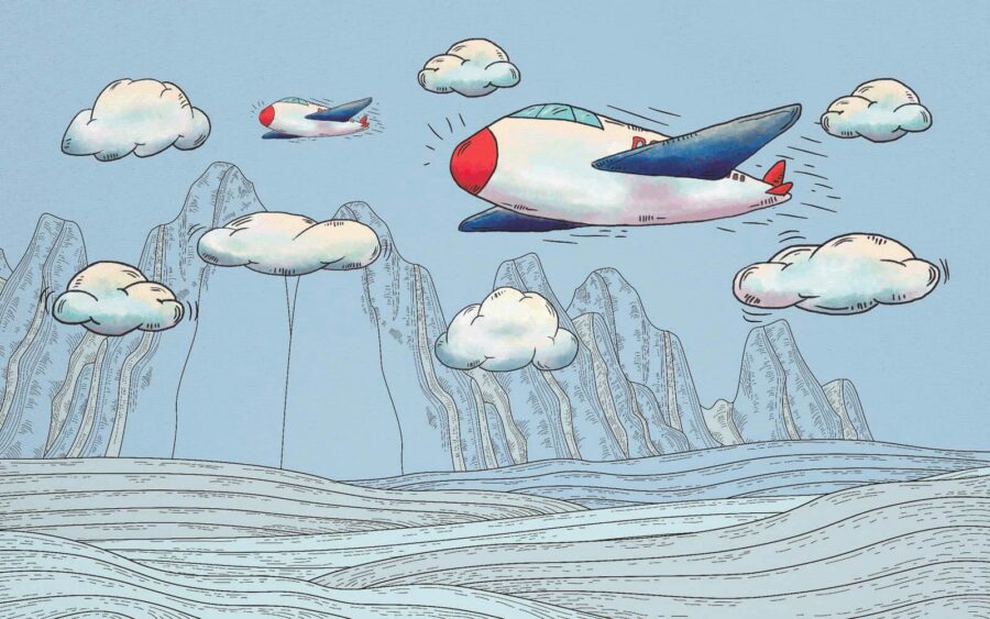 Karikatura letadel letících nad horami