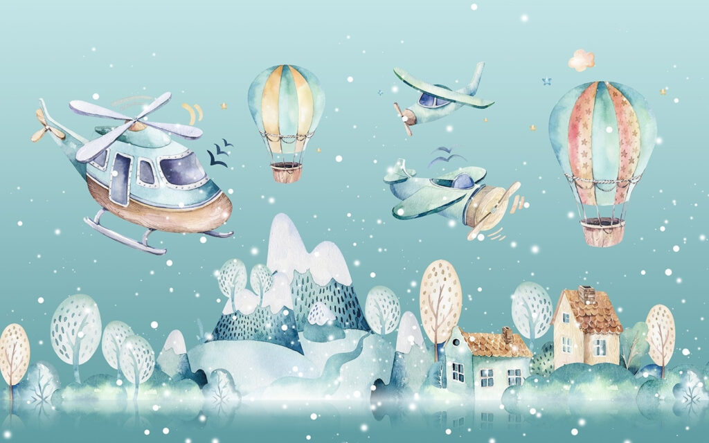 Akvarelová ilustrace vrtulníku a horkovzdušných balónů Akvarelová ilustrace vrtulníku a horkovzdušných balónů