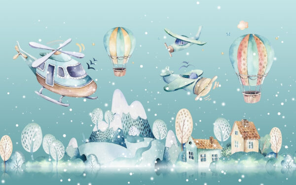 Akvarelová ilustrace vrtulníku a horkovzdušných balónů Akvarelová ilustrace vrtulníku a horkovzdušných balónů