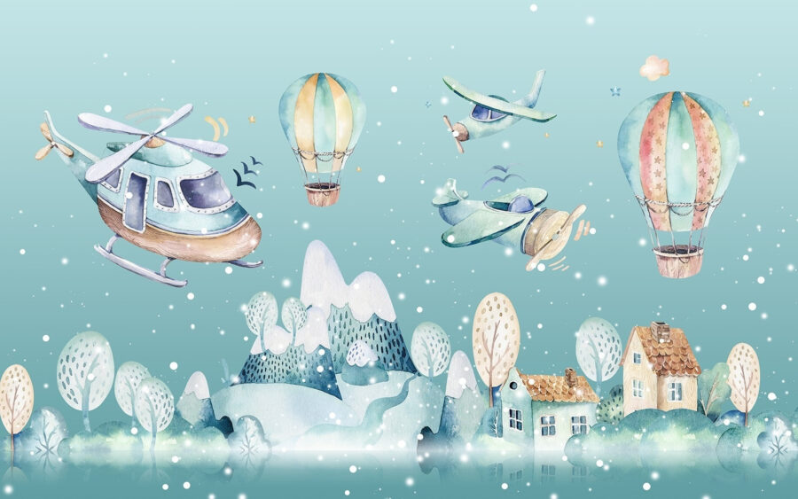 Akvarelová ilustrace vrtulníku a horkovzdušných balónů