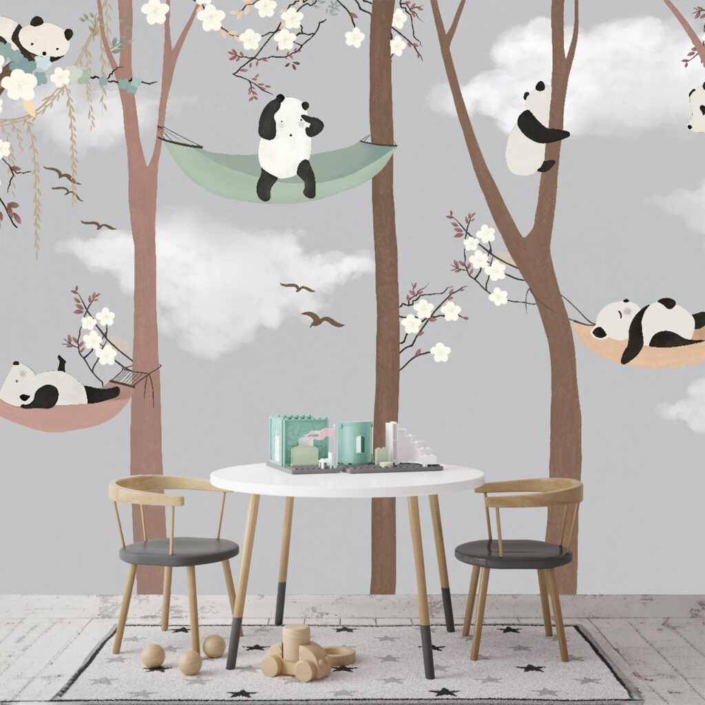 Pandas in hammocks in trees