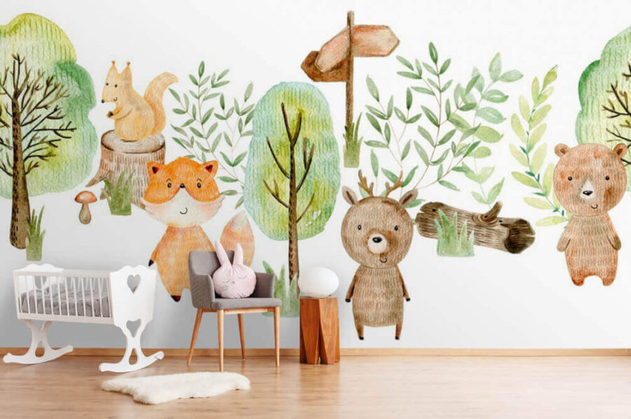 Akvarelová ilustrace zvířat a stromů Akvarelová ilustrace zvířat a stromů