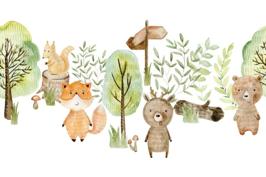 Akvarelová ilustrace zvířat a stromů Akvarelová ilustrace zvířat a stromů