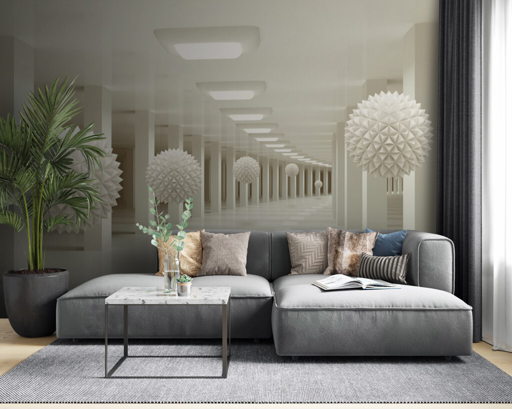 White room with white balls from the ceiling White room with white balls from the ceiling