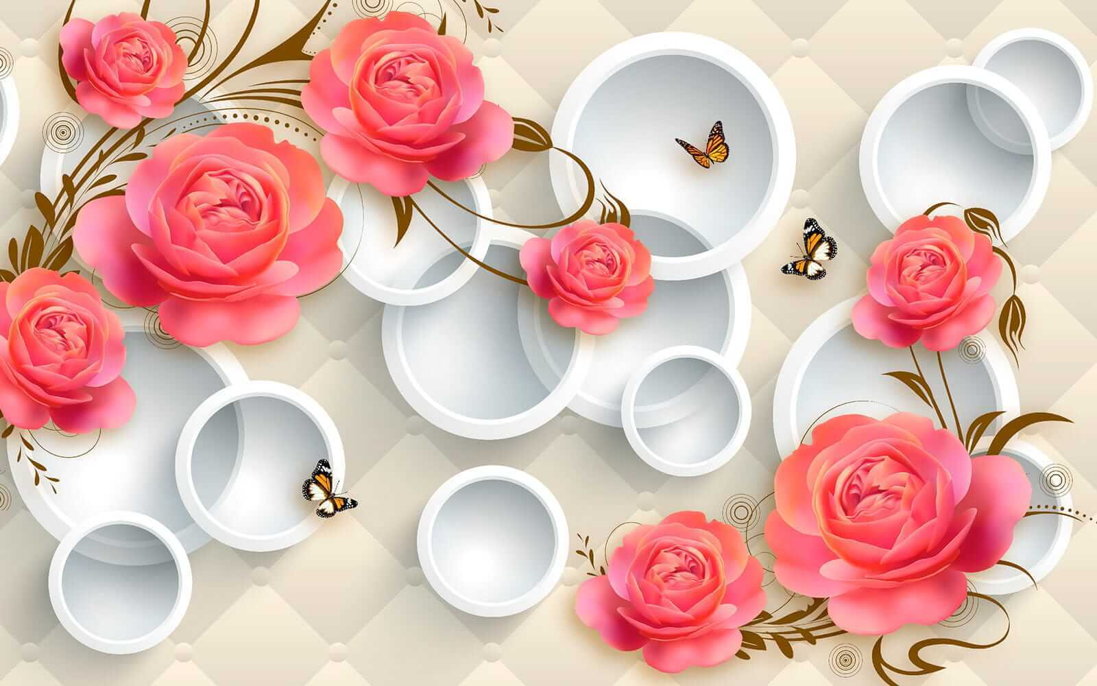 Wallpaper with roses and butterflies