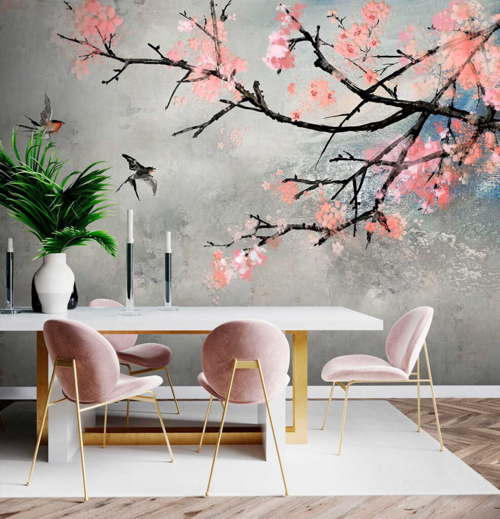 Tree branch with pink flowers and birds flying Tree branch with pink flowers and birds flying