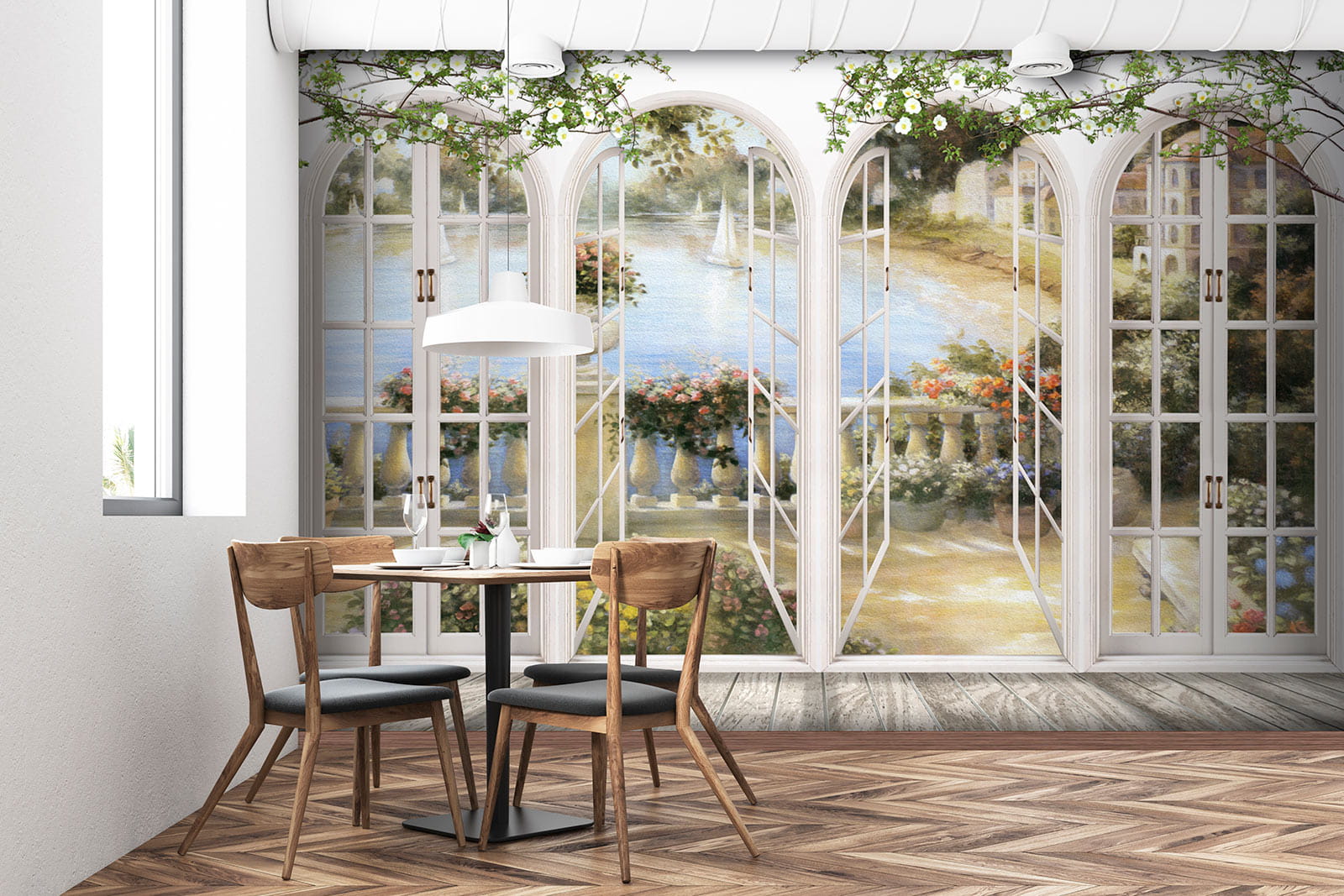 Wall mural of a garden with a view of a balcony