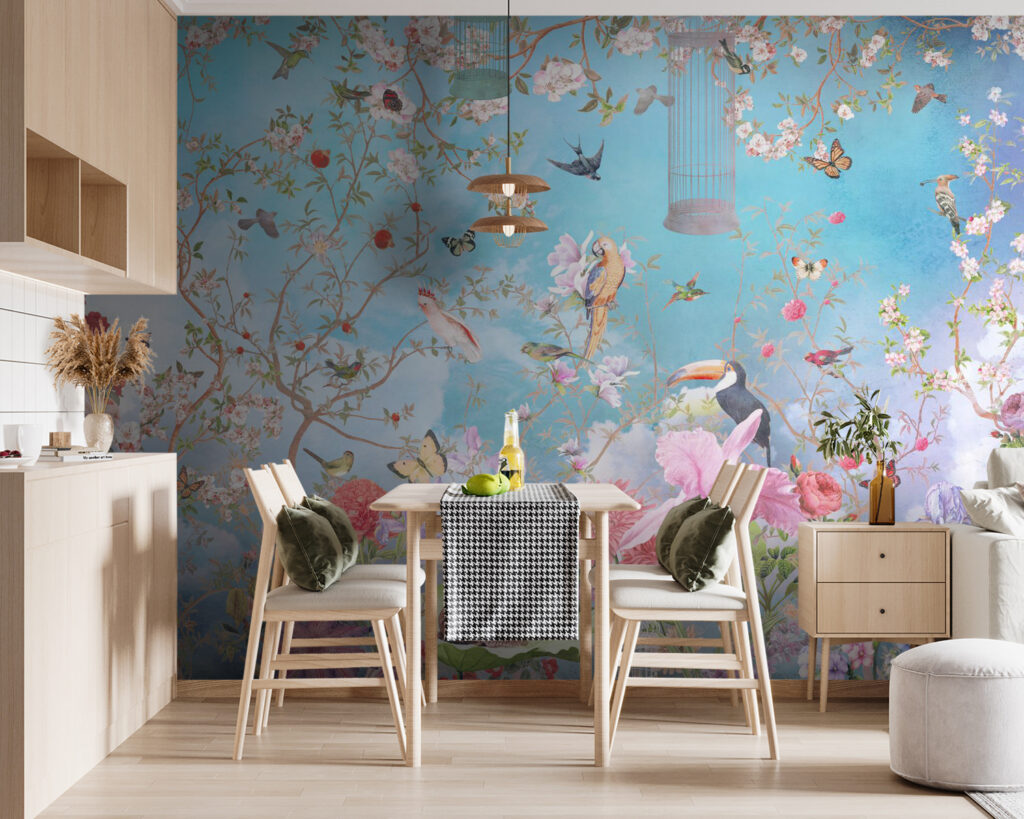 Wallpaper with birds and flowers