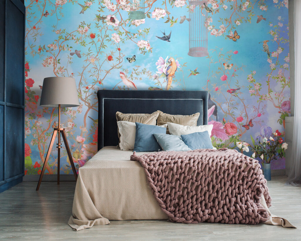 Wallpaper with birds and flowers